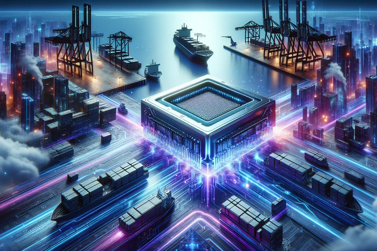 Racks de calcul pour IA reliés par des interconnexions optiques dans un centre de données.