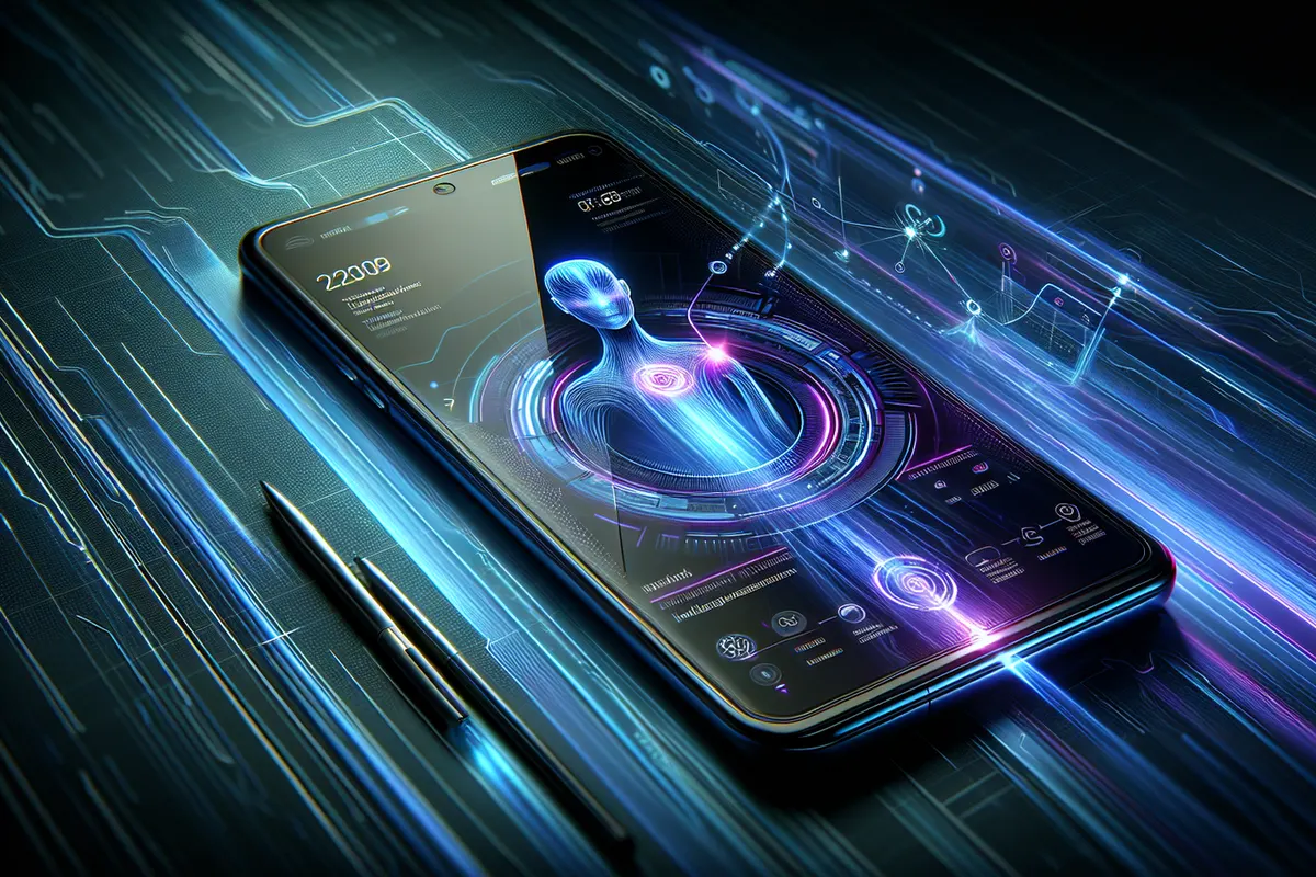 Un smartphone pliable à clapet avec écran carré et interface d’assistant intelligent affichée.
