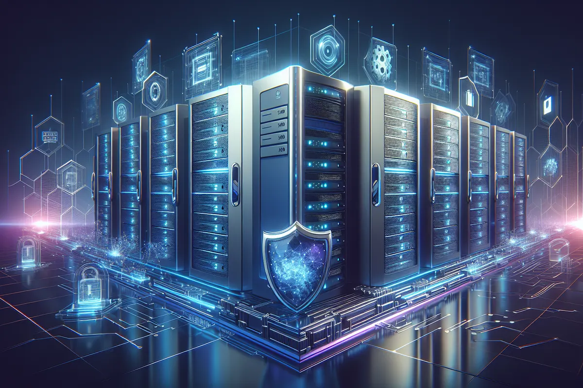 Un système informatique central en centre de données, relié à des équipements de traitement d’IA.