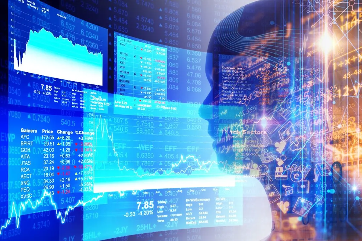 Simulation d’une IA analysant une fusion fictive sous la surveillance d’analystes financiers.