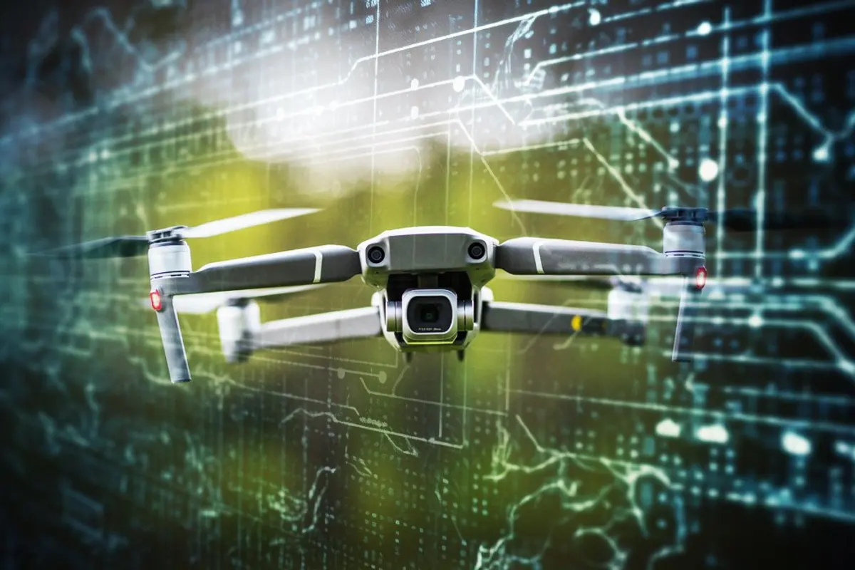 Un drone de course autonome traverse à grande vitesse une porte sur un circuit intérieur balisé.