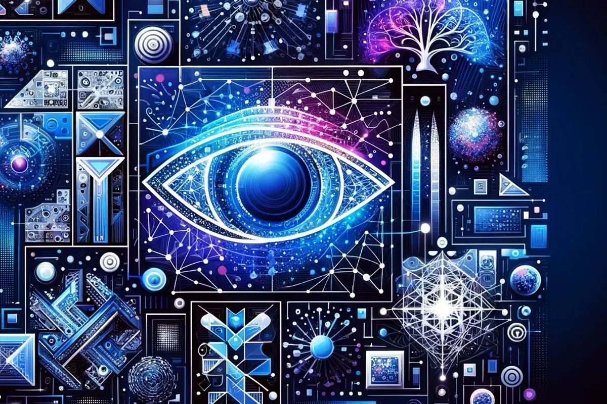 Visiteurs dans une galerie observant des paysages urbains fictifs générés par intelligence artificielle.