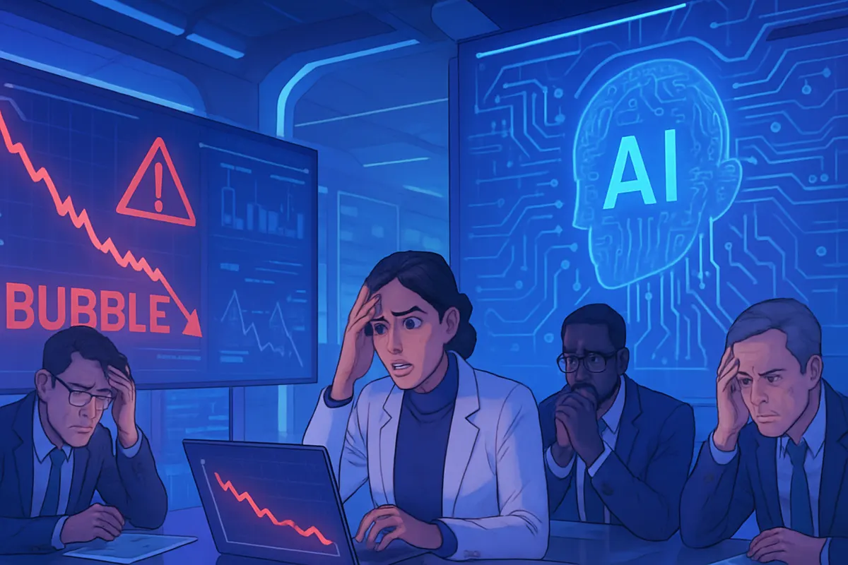 Un analyste examine des courbes boursières devant un centre de données dédié à l’intelligence artificielle.