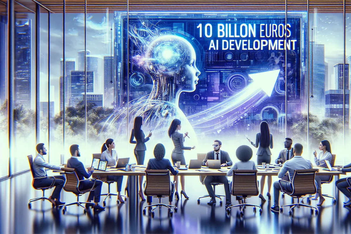 Entrepreneurs et investisseurs échangent autour de projets d’intelligence artificielle dans un espace de travail.