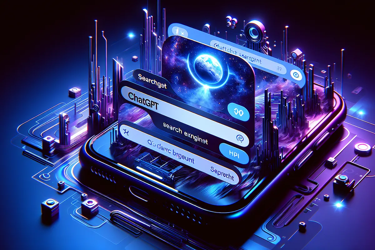 Main tenant un iPhone dans Safari avec une recherche conversationnelle assistée par intelligence artificielle.