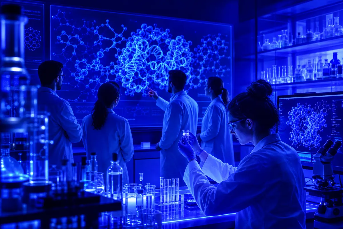 Des chercheurs analysent des interactions moléculaires sur des écrans dans un laboratoire pharmaceutique.