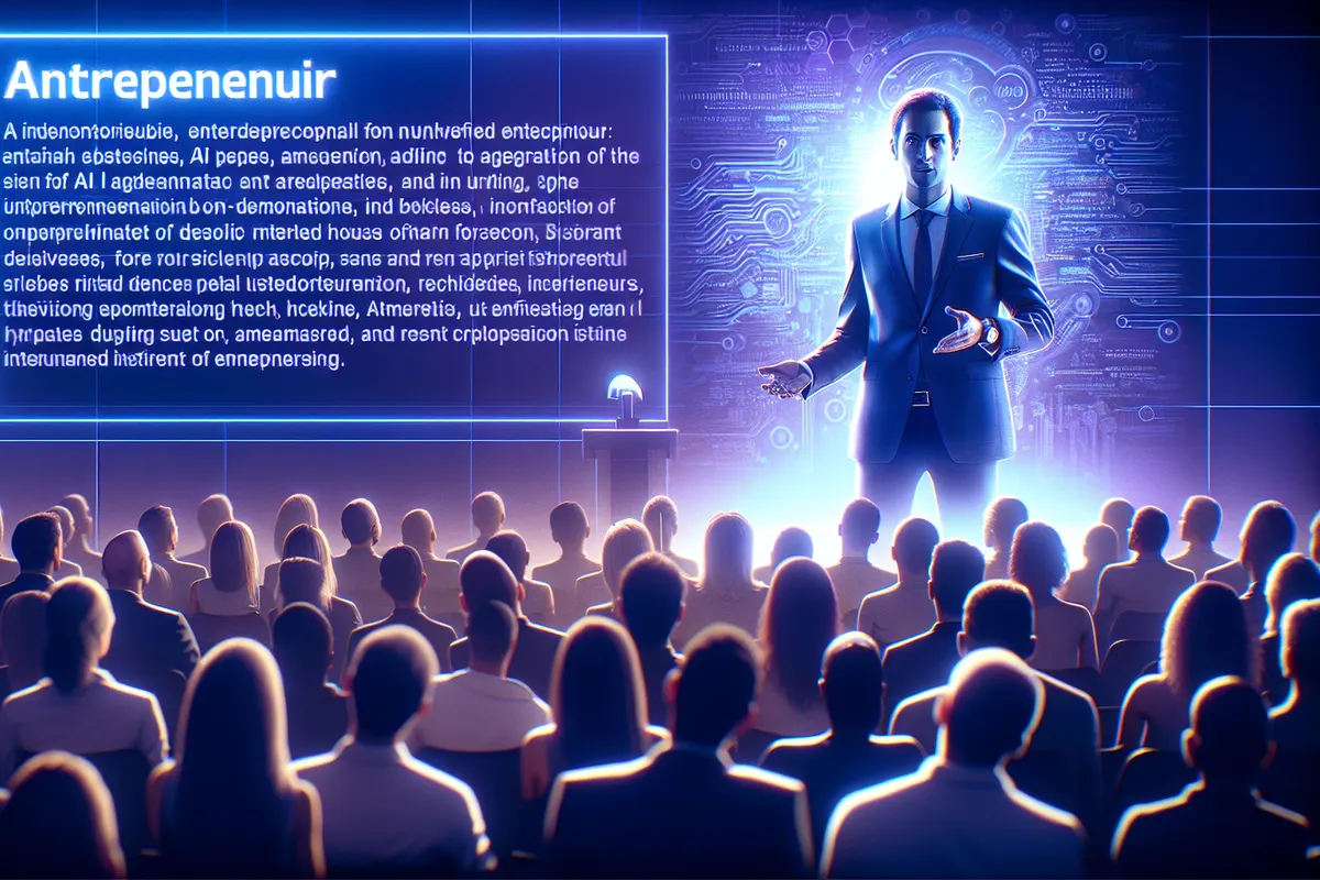 Un entrepreneur présente l’IA appliquée aux services financiers devant un public en conférence.