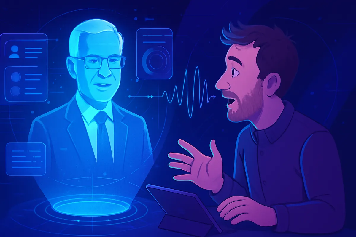 Un habitant parle à un avatar IA sur son téléphone dans un bureau d’accueil parlementaire.