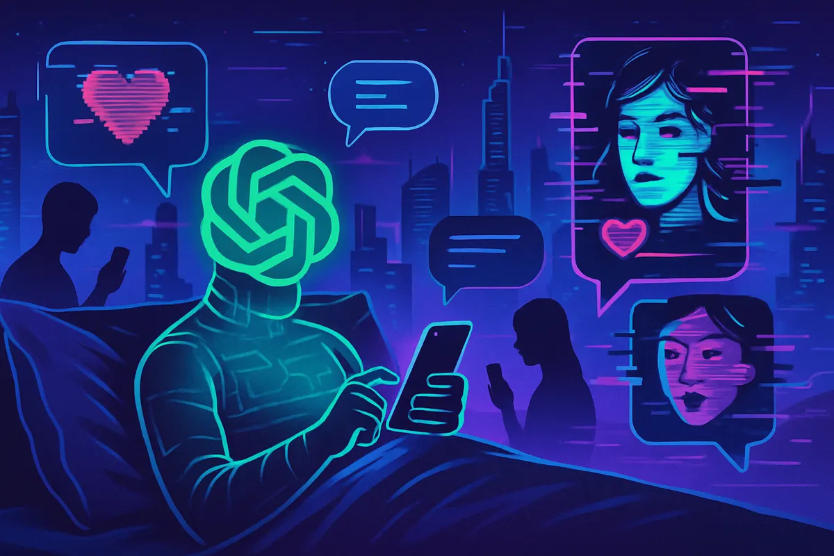 Une personne compare une conversation sur smartphone à un rendez-vous hésitant dans un café.