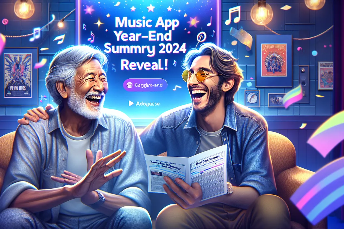 Deux animateurs découvrent leurs bilans d’écoute musicale sur smartphones dans un studio de télévision.