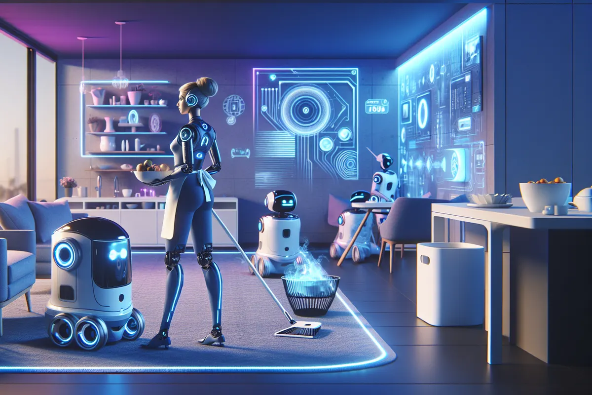 Robot humanoïde rangeant une tasse dans un lave-vaisselle au sein d’une cuisine familiale encombrée.