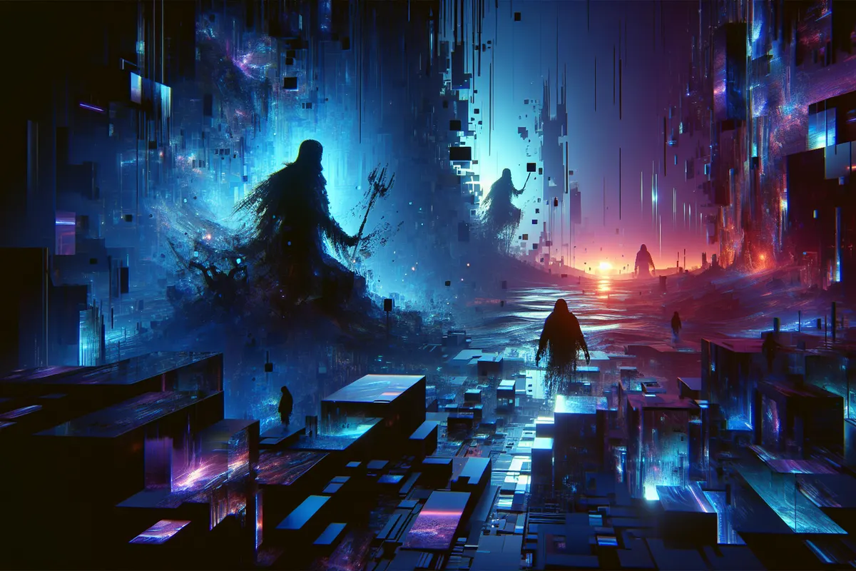 Vue à la première personne d’un couloir futuriste instable, avec un ennemi qui se déforme sous l’effet de l’IA.