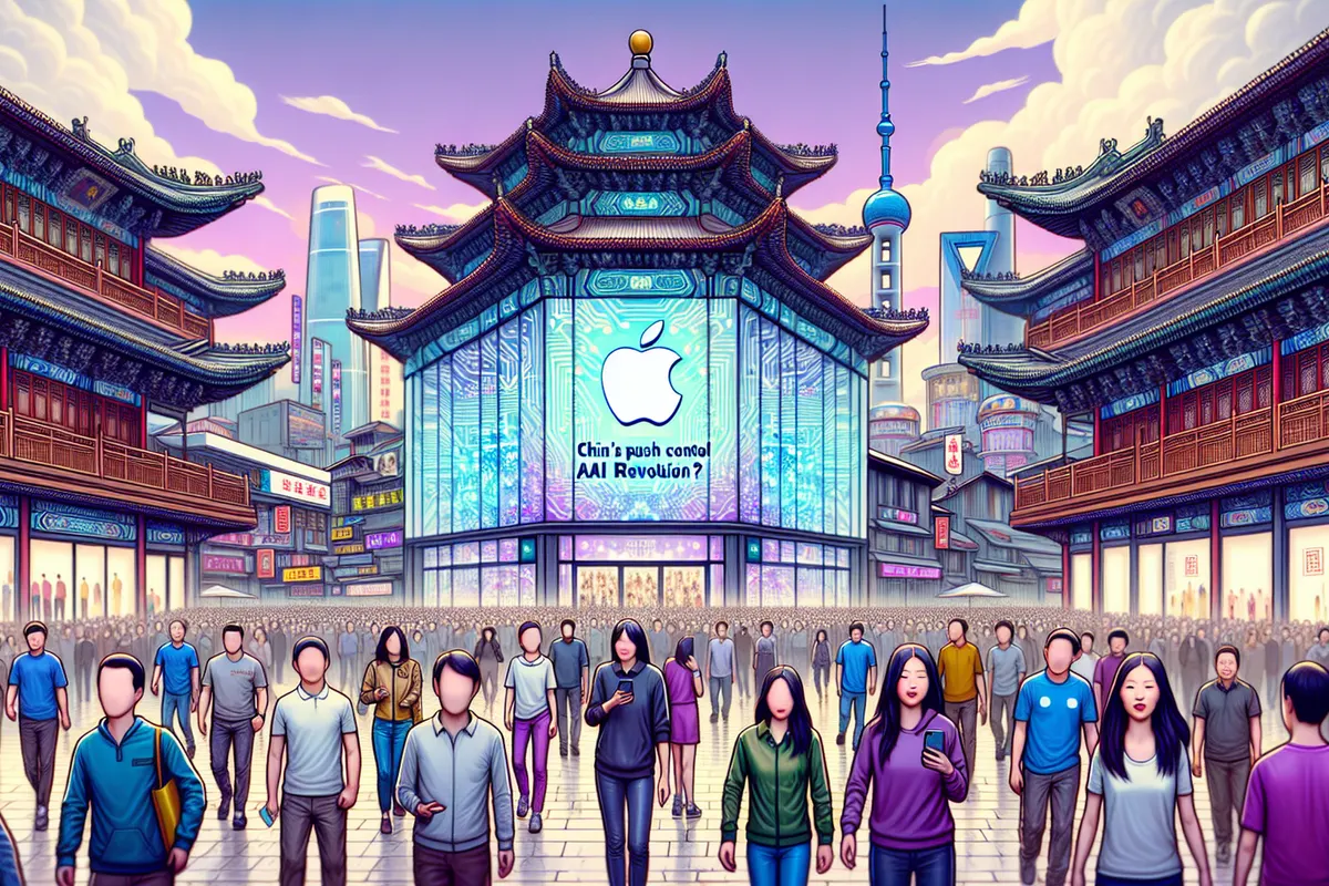 Un smartphone et des immeubles administratifs illustrent les règles chinoises pour l’IA d’Apple.