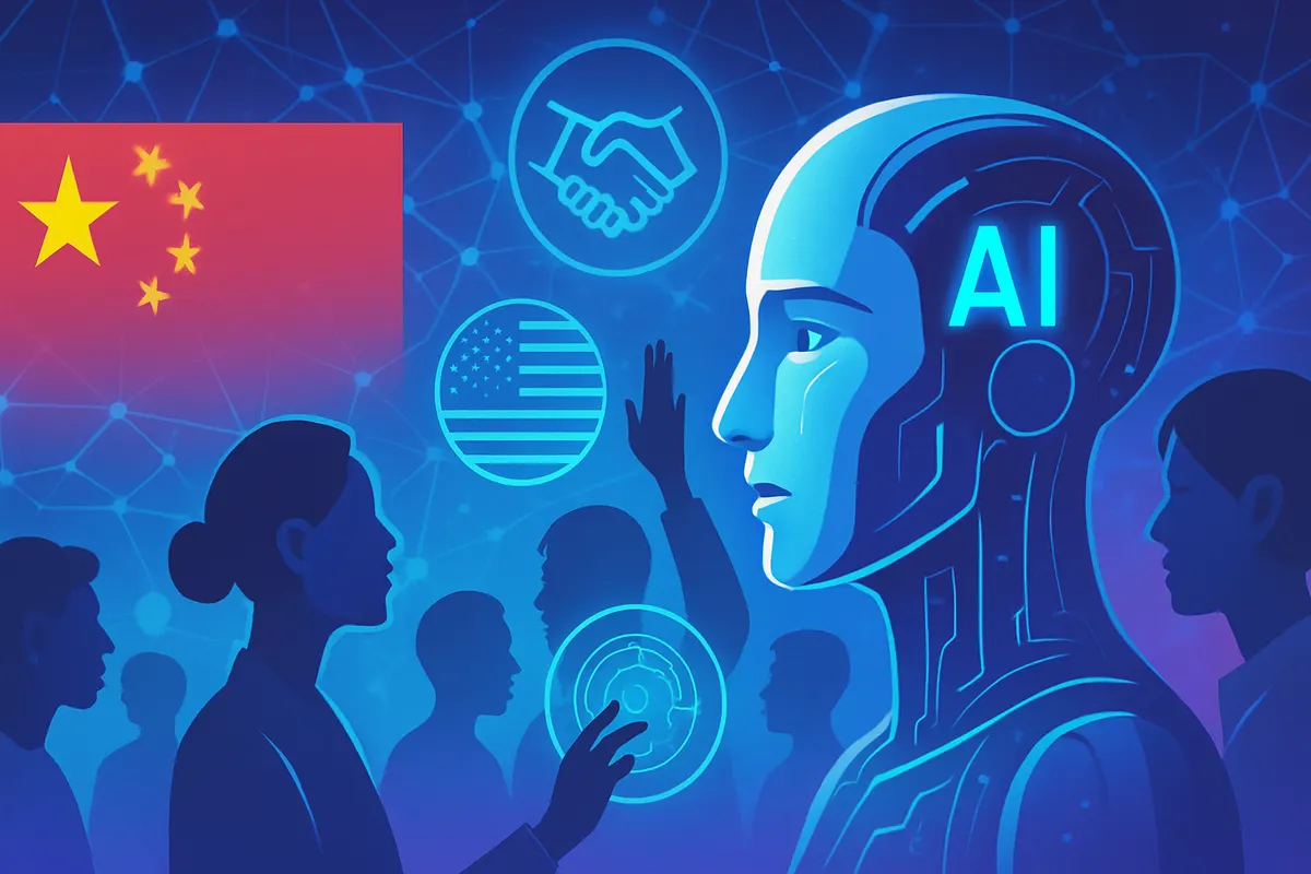 Des chercheurs et développeurs collaborent autour de visualisations d’IA dans un centre technologique chinois.