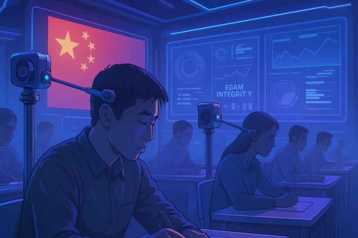 Salle d’examen du gaokao surveillée, avec des élèves, des copies papier et des caméras intelligentes.
