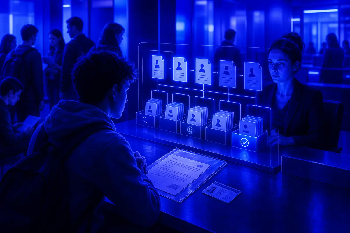 Étudiant face à un guichet administratif, avec des dossiers triés par un système algorithmique.