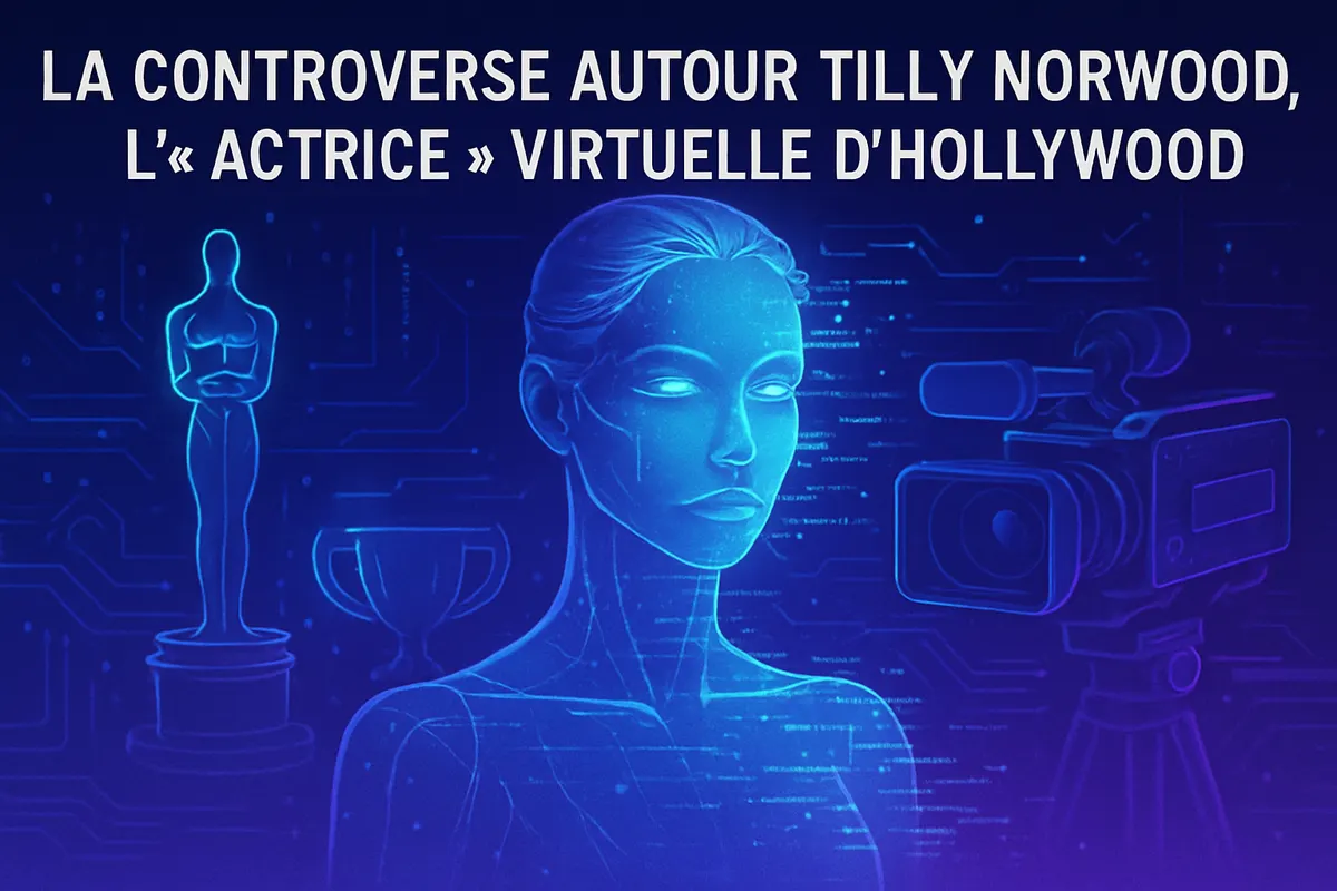 Un avatar d’actrice virtuelle sur un plateau face à une équipe de cinéma qui observe sa performance.