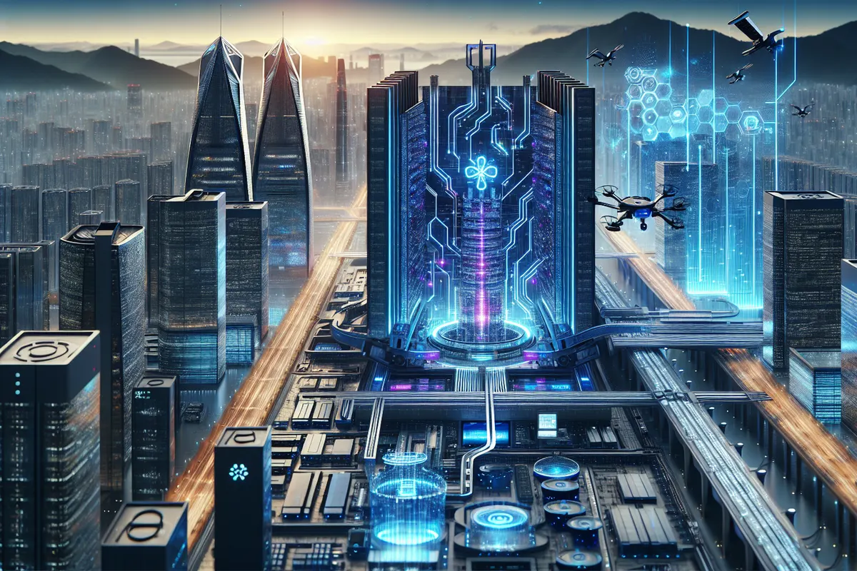 Chantier d’un vaste centre de données pour l’intelligence artificielle avec sous-station électrique et bâtiments techniques