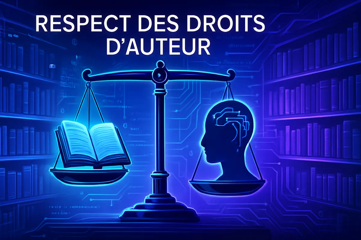 Des livres empilés devant un tribunal, reliés à un réseau symbolisant l’entraînement d’une IA.
