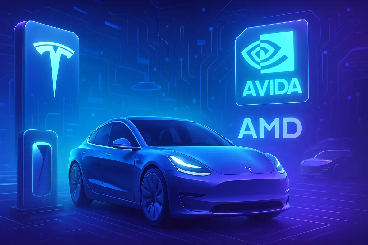 Véhicule électrique en usine, entouré de robots et de composants de calcul pour l’intelligence artificielle.