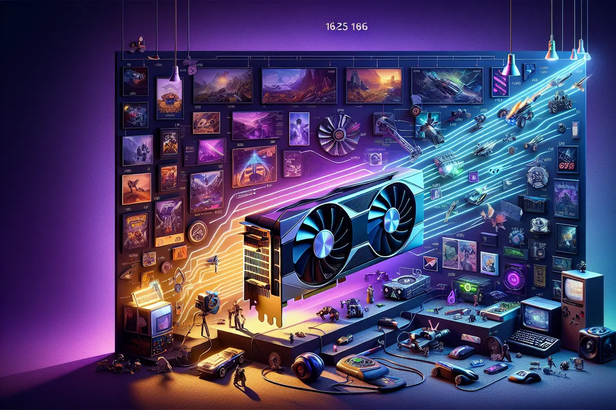 Une ancienne carte graphique et un GPU moderne illustrant vingt-cinq ans d’évolution du rendu 3D sur PC.