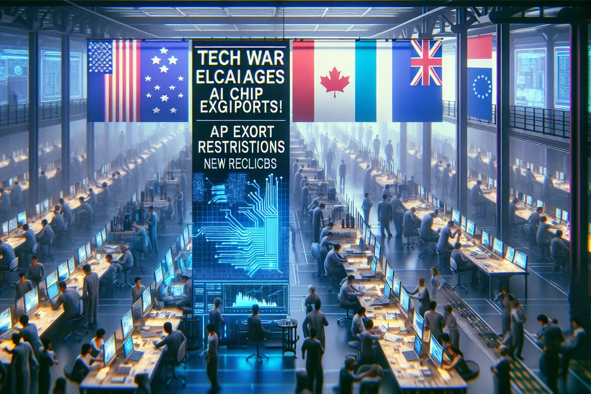 Puces d’IA et serveurs symbolisant les restrictions américaines sur les exportations technologiques vers la Chine.