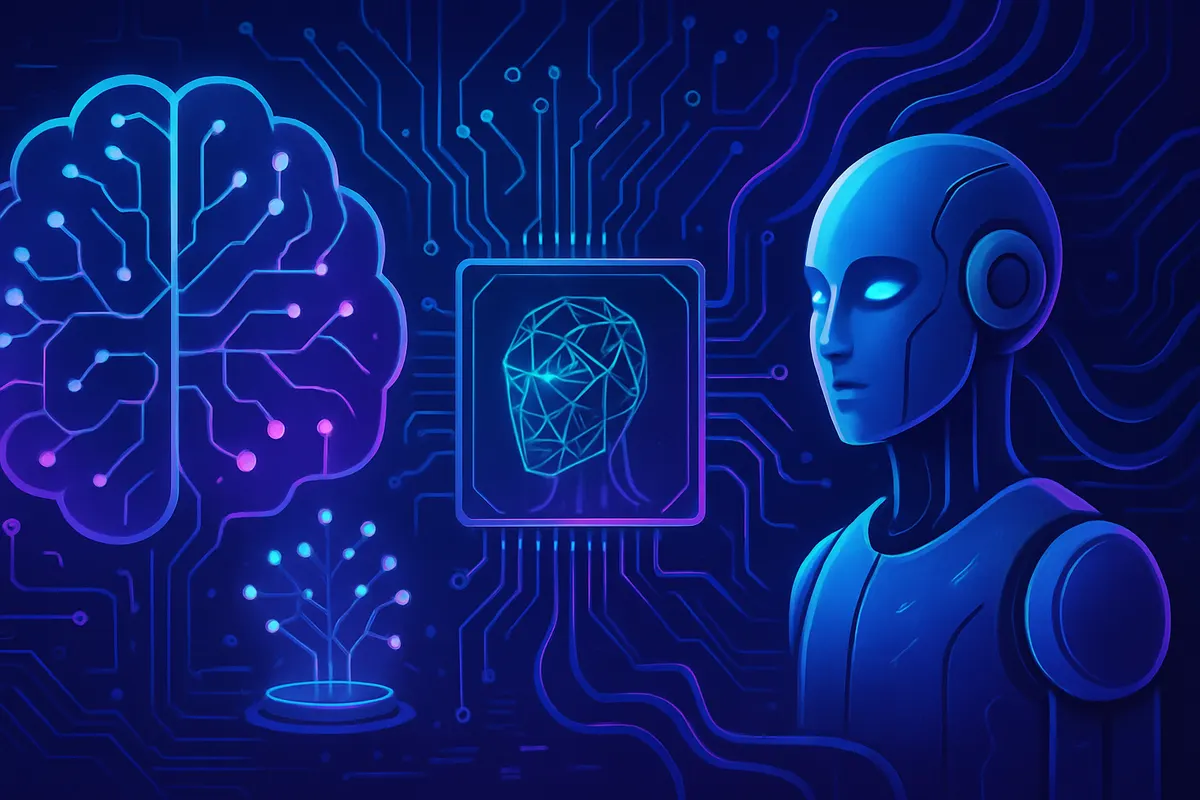 Techniciens dans un centre de données relié à des visualisations de modèles d’IA et de cloud