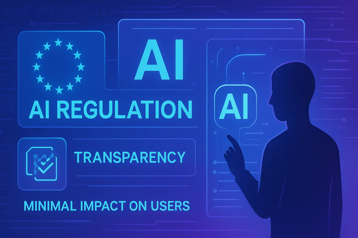 Des documents techniques et un écran de chatbot illustrent les nouvelles obligations de transparence de l’AI Act.