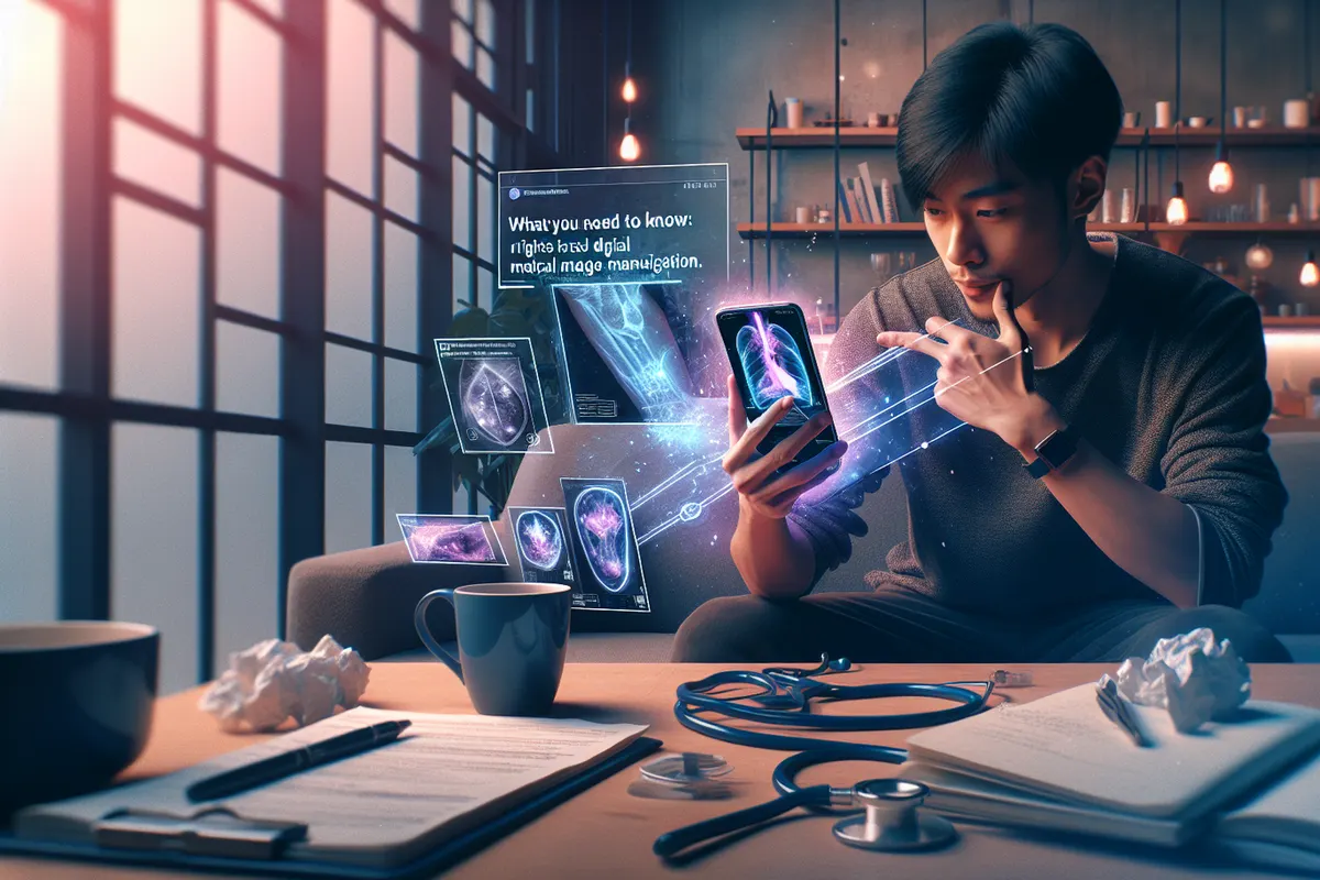 Un smartphone photographie une IRM cérébrale affichée sur un écran de radiologie en milieu hospitalier.