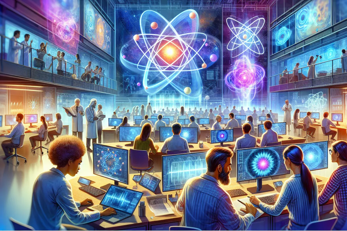 Chercheuse observant une simulation d’interactions atomiques sur des écrans de laboratoire.