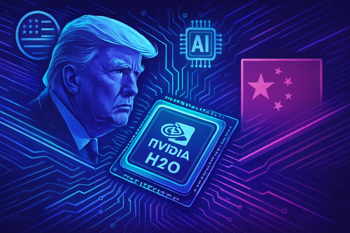Puce d’IA dans un serveur, illustrant la rivalité technologique entre les États-Unis et la Chine.