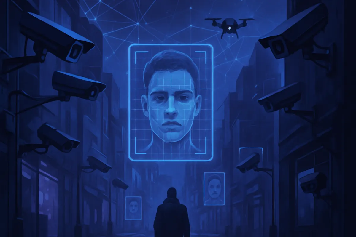 Une caméra de surveillance domine une foule de manifestants, dont certains ont le visage partiellement couvert.