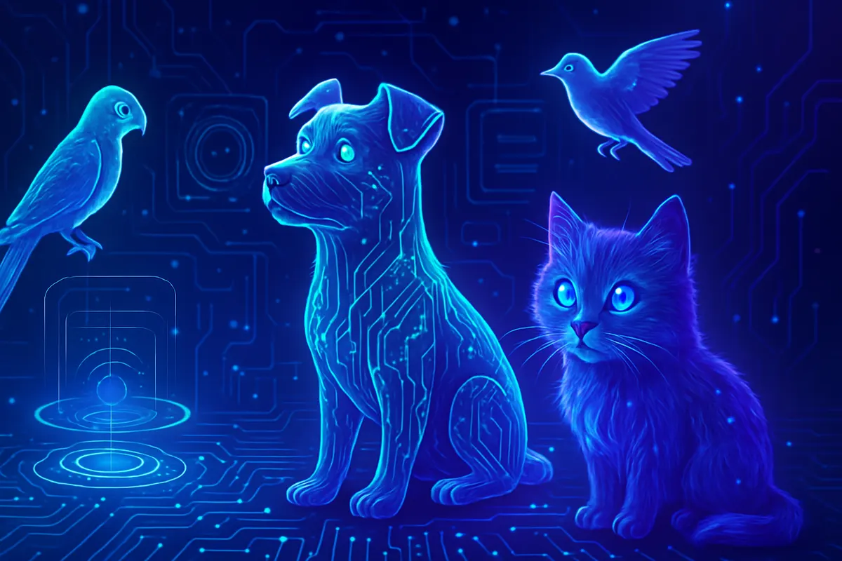 Un chien devant une tablette affichant la reconstruction en 3D de son avatar numérique