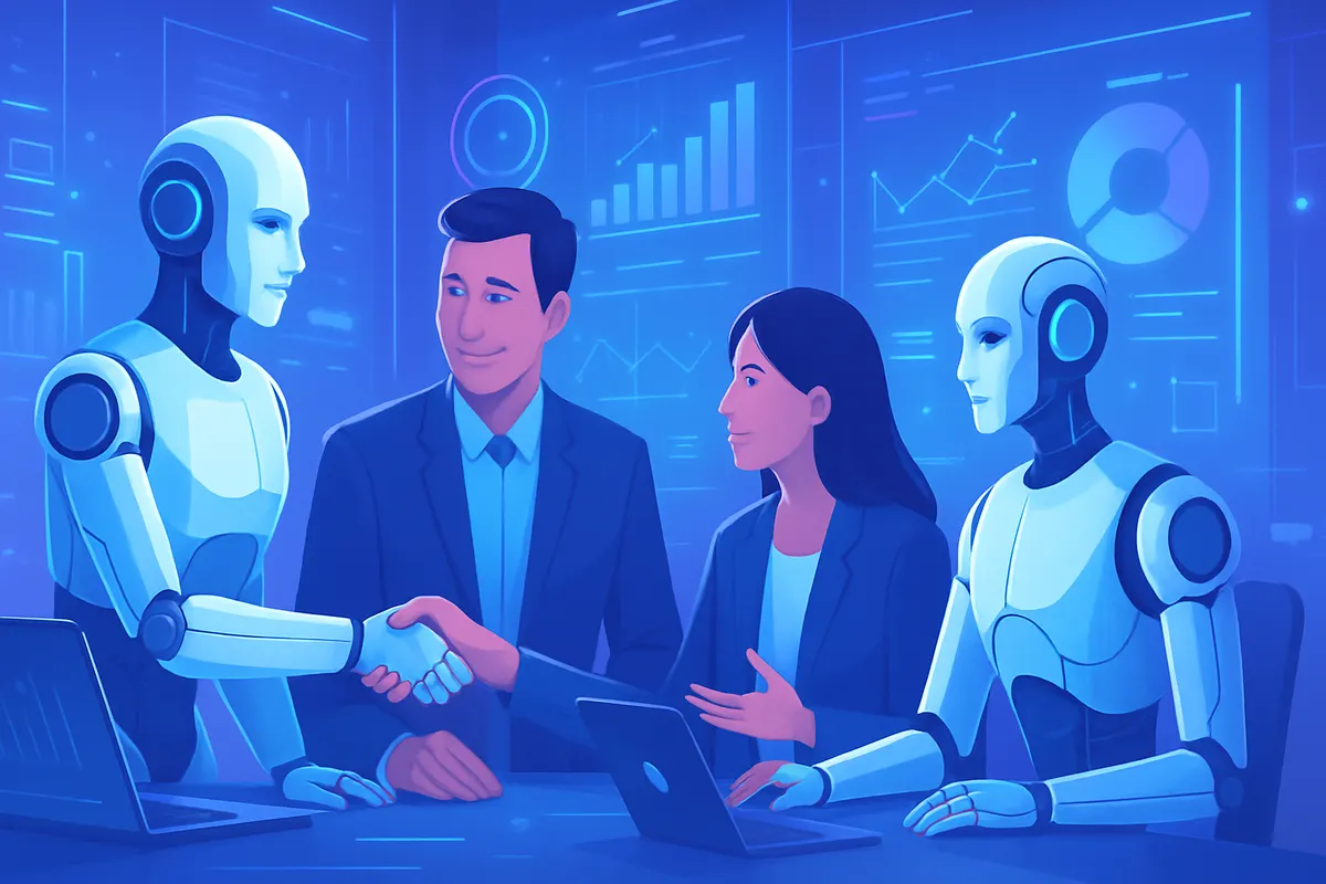 Une recruteuse examine des questions préparées par une IA avec un candidat et une collègue en entreprise.