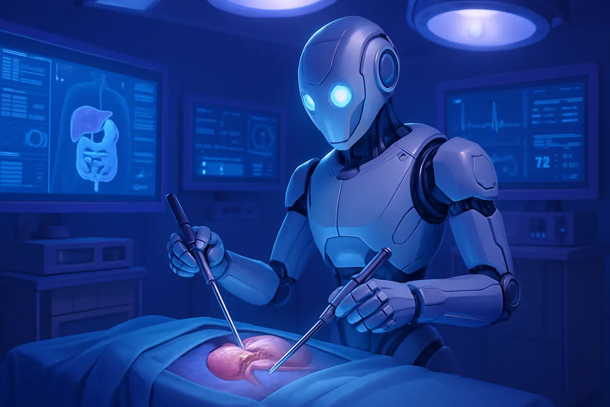 Robot chirurgical autonome réalisant une intervention sur un patient simulé dans un bloc opératoire.