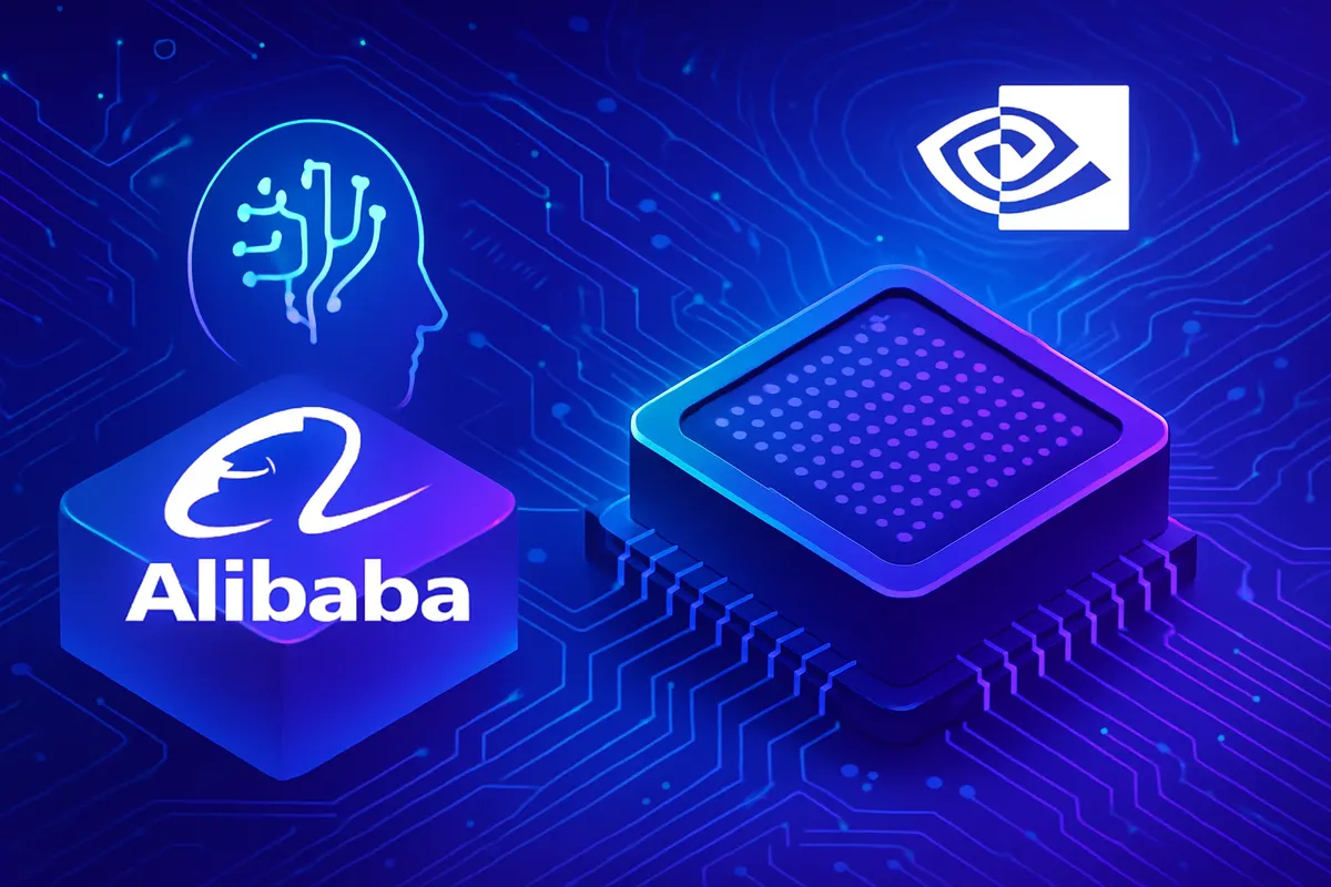 Centre de données et écrans d’analyse illustrant les ambitions d’Alibaba dans l’IA et le cloud