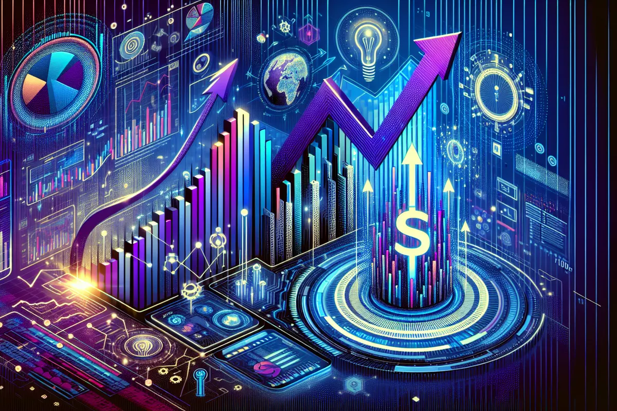 Des serveurs de centre de données associés à un graphique boursier et à des connexions d’intelligence artificielle.