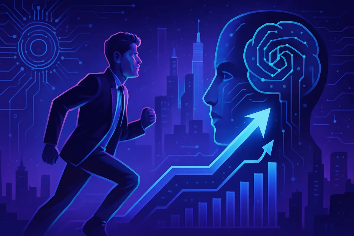 Un dirigeant anonyme observe une équipe travaillant sur des systèmes d’intelligence artificielle avancés.