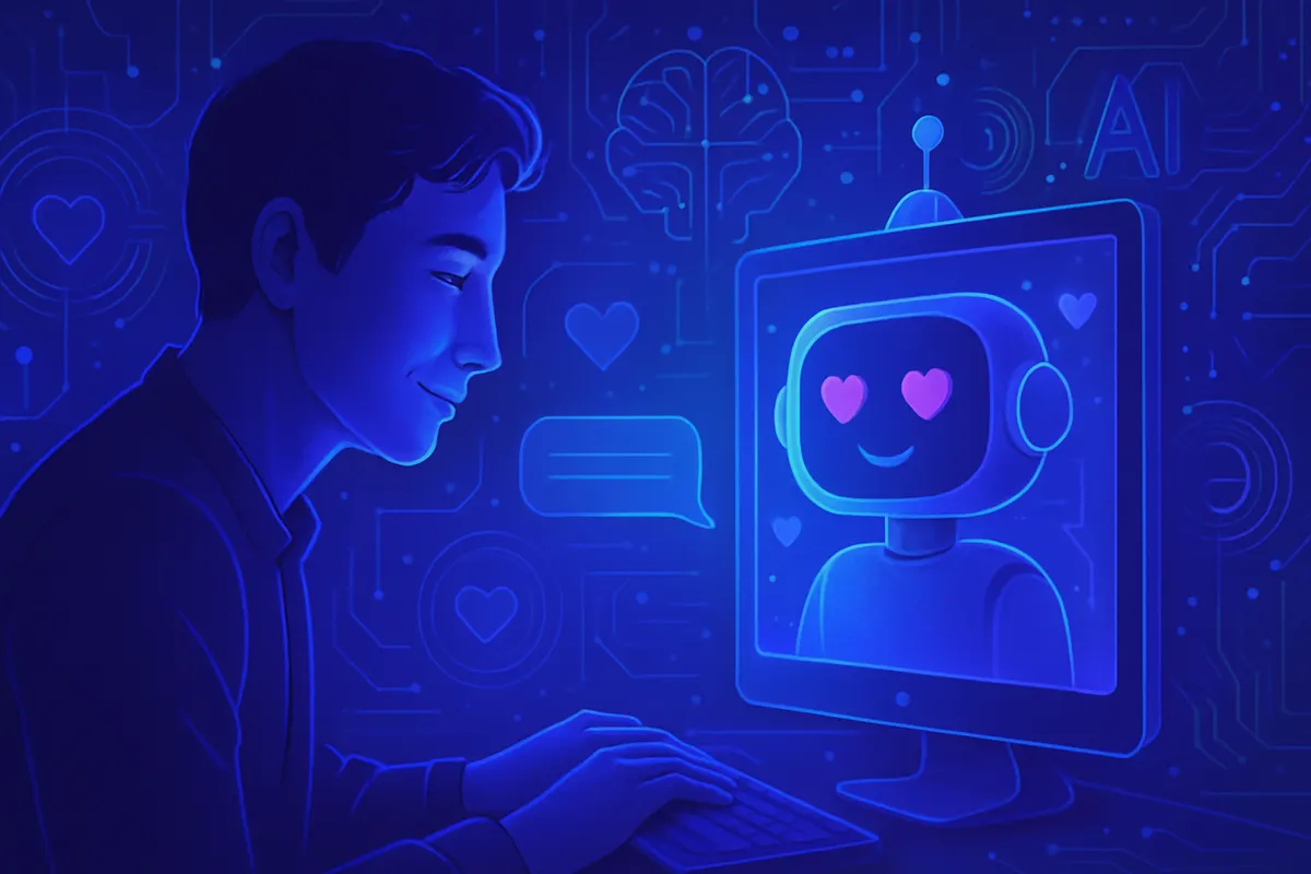 Une personne échange avec un chatbot sur un ordinateur, entre intimité numérique et liens humains.