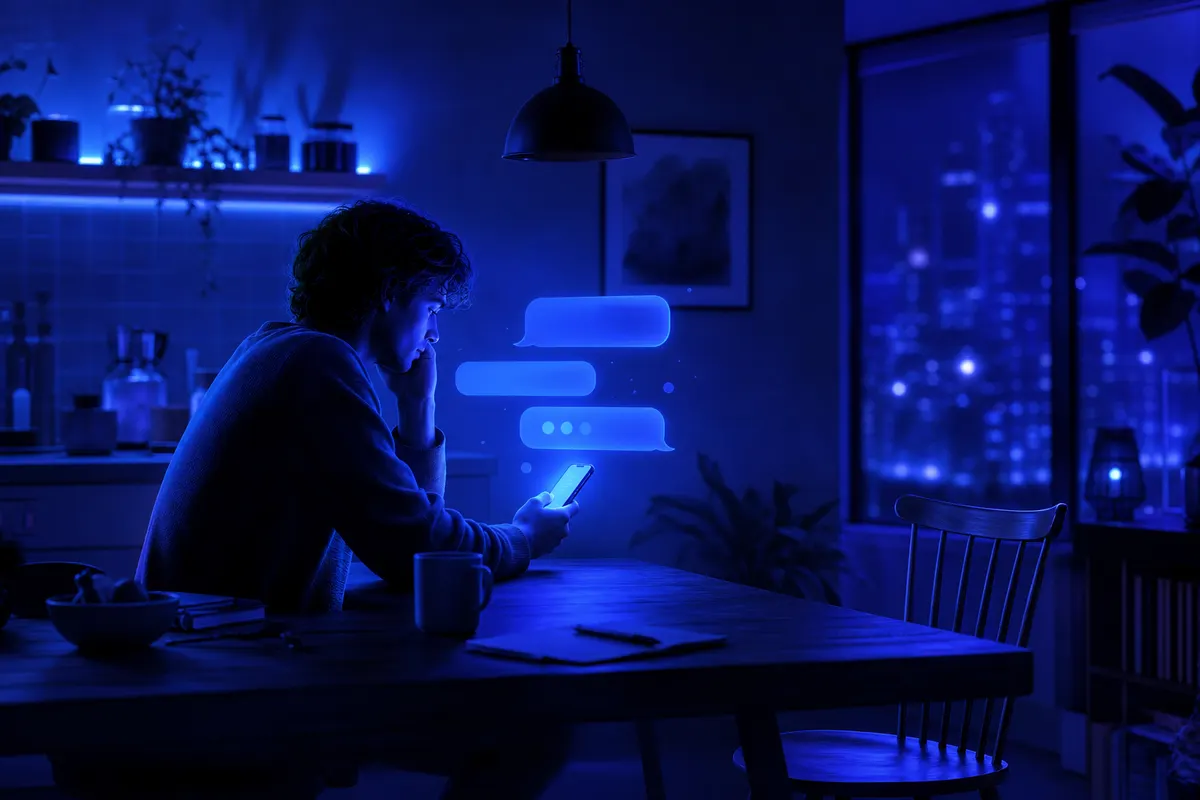 Une personne échange avec un chatbot sur son téléphone, seule à une table, dans une scène de vie quotidienne.