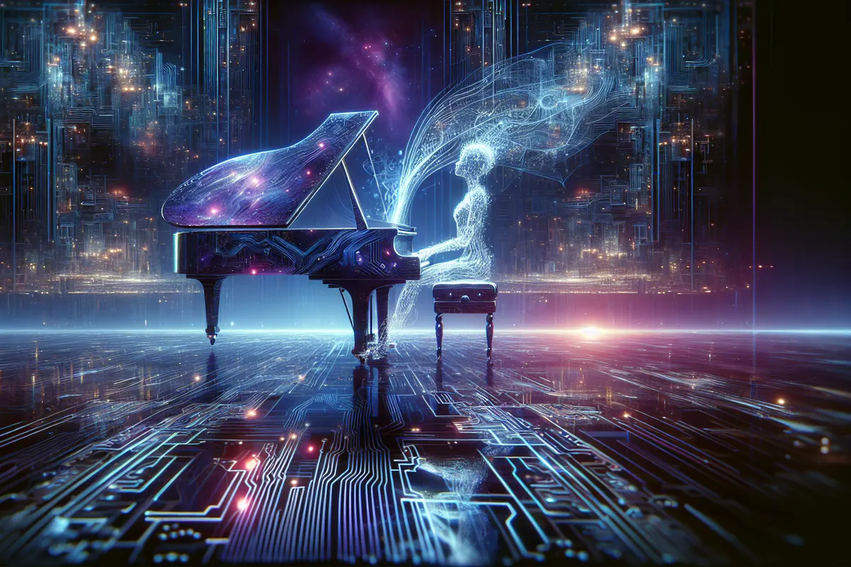 Un musicien au piano face à un ordinateur illustrant le débat entre création humaine et IA générative.