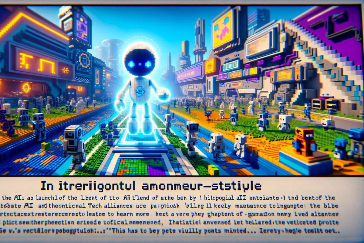 Un agent autonome explore un monde virtuel en blocs et analyse un chemin entre une falaise et une forêt.