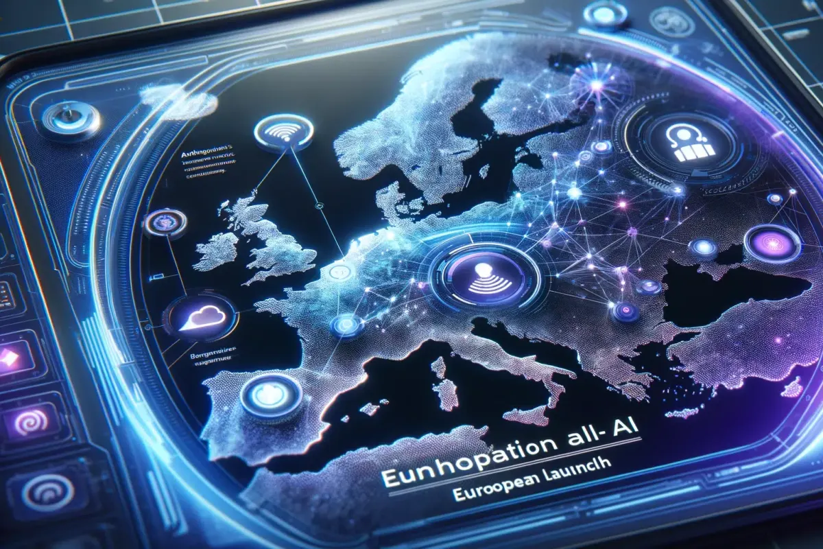 Une personne utilise un assistant conversationnel sur iPhone, avec une carte abstraite de l’Europe en arrière-plan.
