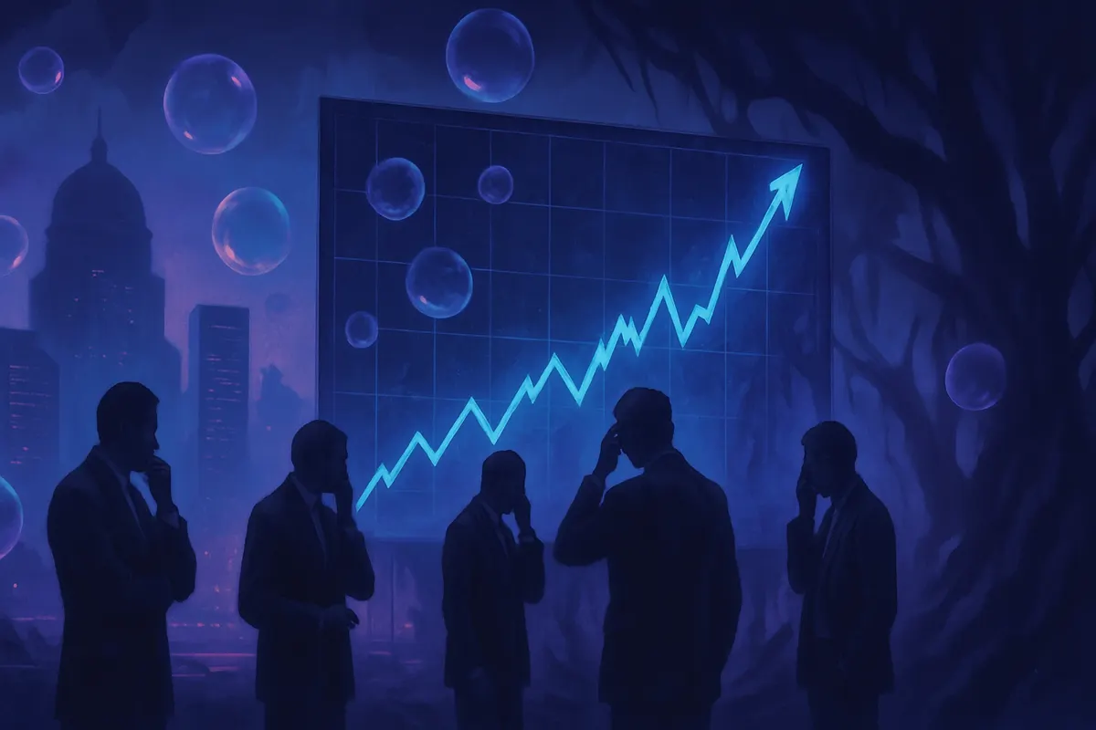 Responsables financiers réunis autour de graphiques boursiers et d’infrastructures d’intelligence artificielle