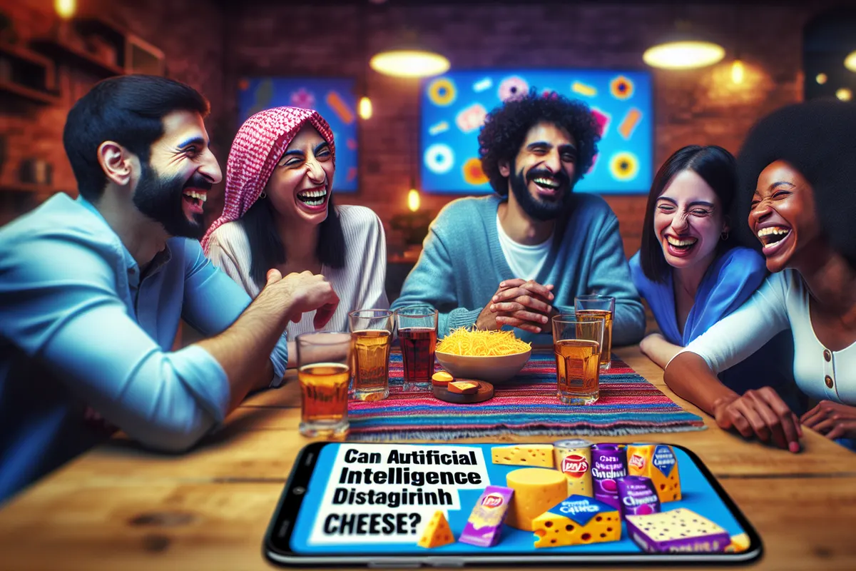 Une fromagère vérifie sur un ordinateur une information générée par IA à côté d’une meule de Gouda.