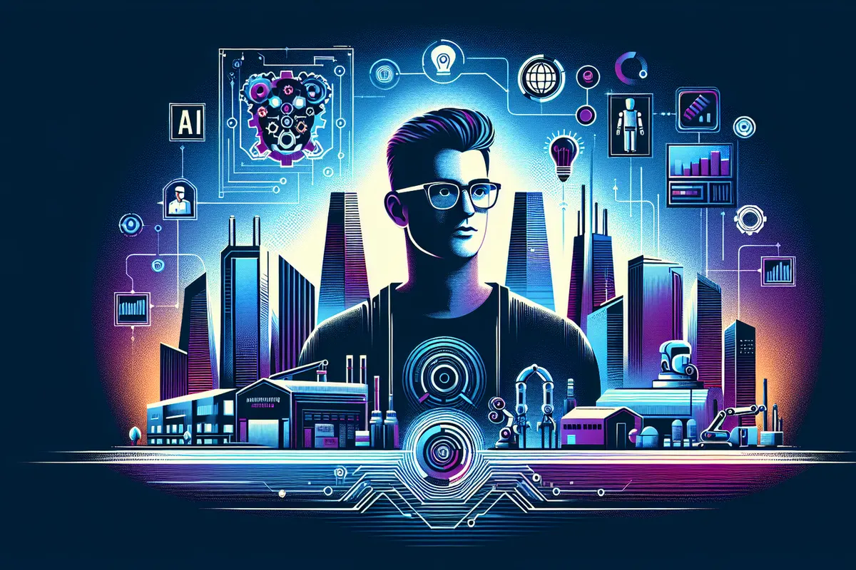 Ingénieurs analysant des données d’IA devant une ligne de production industrielle automatisée.