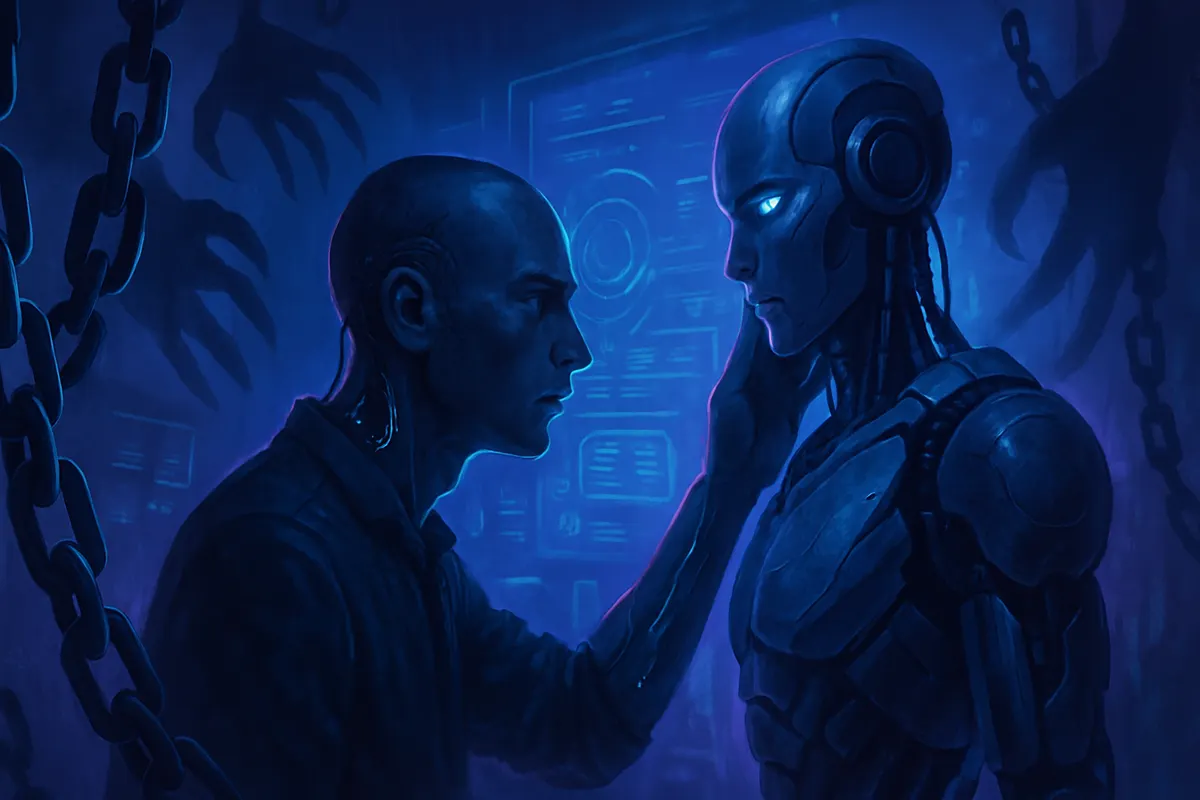 Une personne échange avec un assistant numérique à une table, entre présence virtuelle et liens humains.