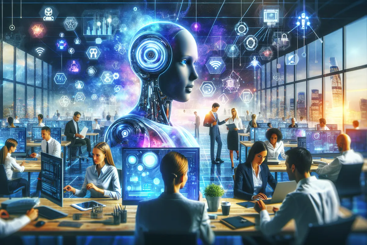Équipe en entreprise supervisant des agents IA reliés à des logiciels, serveurs et flux de données.