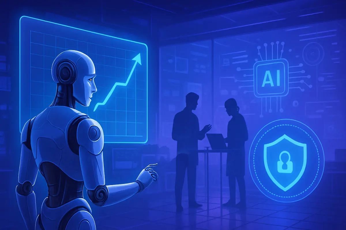 Une fondatrice de startup échange avec un investisseur devant des écrans dédiés à l’intelligence artificielle.