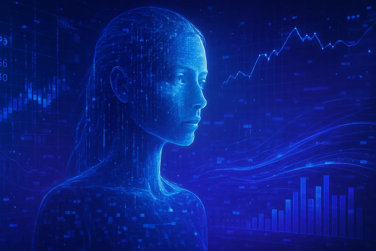 Des professionnels du cinéma observent sur un écran un personnage d’actrice généré par intelligence artificielle.